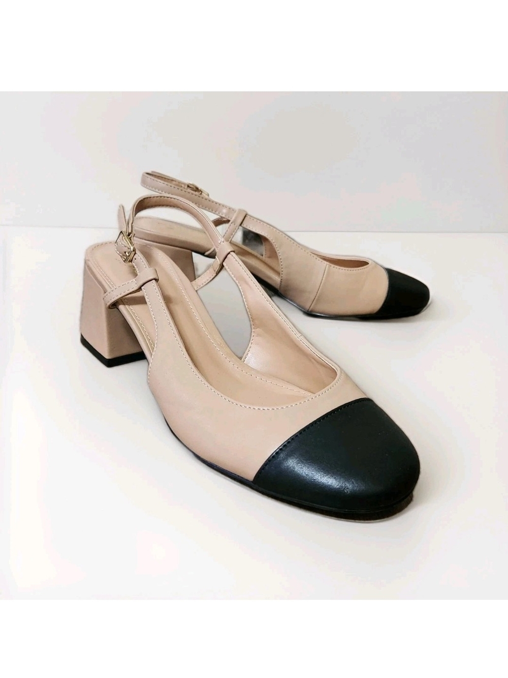 Madden Girl Kiitty Slingback Block Heel Pumps Beige Black Cap Toe Women 9.5 M - Picture 3 of 16